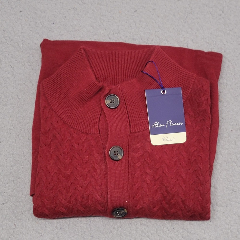 Alan Flusser Sweater Mens Large Burgundy Red Ribbed Mock‎ Neck Button Cotton